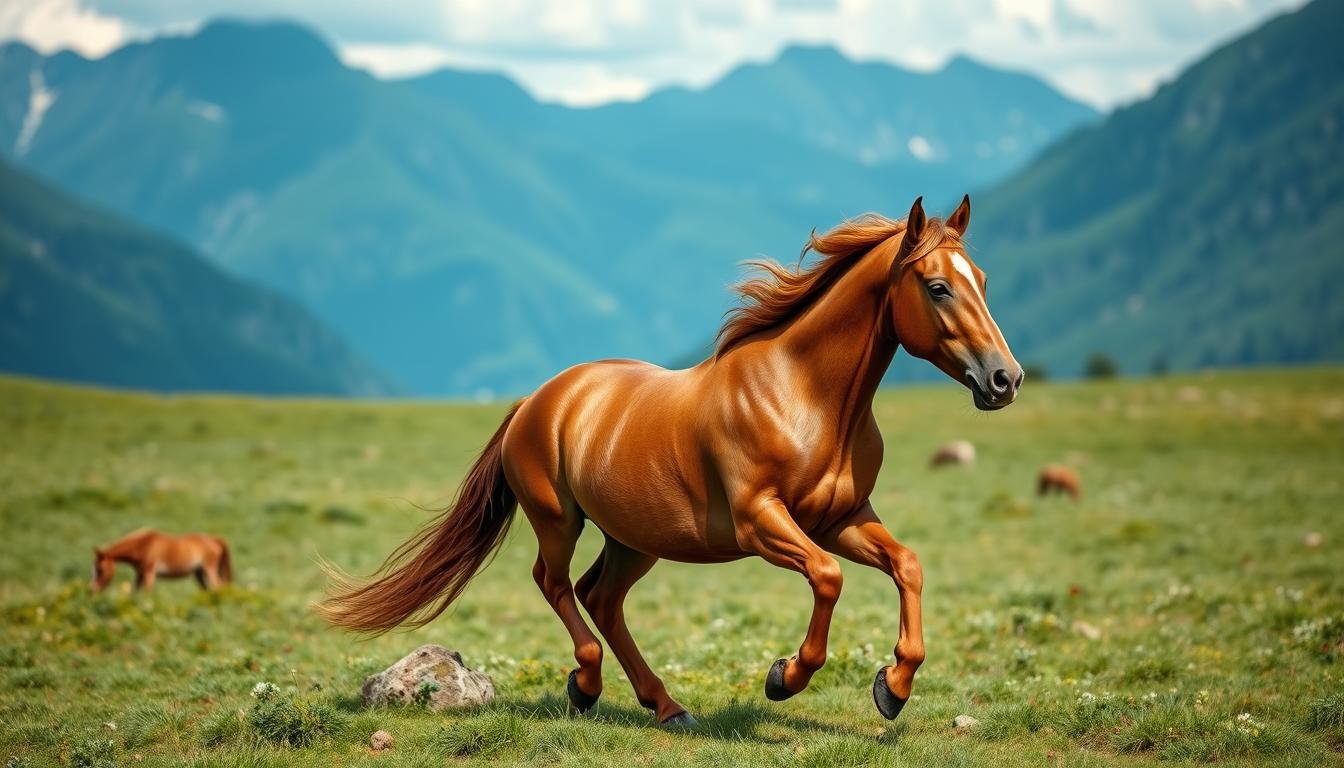 A beautiful healthy horse galloping in an open field showing vitality and longevity