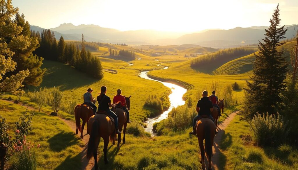 A breathtaking panoramic view of a picturesque horse trail winding through a lush, verdant landscape. In the foreground, a group of riders atop majestic horses, their silhouettes casting long shadows as the warm, golden sunlight filters through the surrounding trees. The middle ground features a tranquil stream that cuts through the path, its glistening waters reflecting the vibrant foliage. In the distance, rolling hills dotted with wildflowers and towering mountains create a breathtaking backdrop, evoking a sense of adventure and serenity. The scene is bathed in a soft, natural lighting, creating a warm, inviting atmosphere that captures the essence of year-round horse trail riding. A breathtaking panoramic view of a picturesque horse trail winding through a lush, verdant landscape. In the foreground, a group of riders atop majestic horses, their silhouettes casting long shadows as the warm, golden sunlight filters through the surrounding trees. The middle ground features a tranquil stream that cuts through the path, its glistening waters reflecting the vibrant foliage. In the distance, rolling hills dotted with wildflowers and towering mountains create a breathtaking backdrop, evoking a sense of adventure and serenity. The scene is bathed in a soft, natural lighting, creating a warm, inviting atmosphere that captures the essence of year-round horse trail riding.