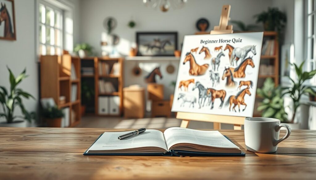 A bright, airy scene with a wooden desk in the foreground, atop which rests an open notebook, a pen, and a cup of coffee. In the middle ground, an easel displays a large, detailed illustration of a diverse array of horse breeds, inviting the viewer to engage with the "beginner horse quiz" concept. The background features a cozy, sun-dappled room, with bookshelves and plants adding a sense of warmth and learning. The overall mood is one of exploration, education, and the excitement of discovering the perfect horse breed for a beginner rider. A bright, airy scene with a wooden desk in the foreground, atop which rests an open notebook, a pen, and a cup of coffee. In the middle ground, an easel displays a large, detailed illustration of a diverse array of horse breeds, inviting the viewer to engage with the "beginner horse quiz" concept. The background features a cozy, sun-dappled room, with bookshelves and plants adding a sense of warmth and learning. The overall mood is one of exploration, education, and the excitement of discovering the perfect horse breed for a beginner rider.
