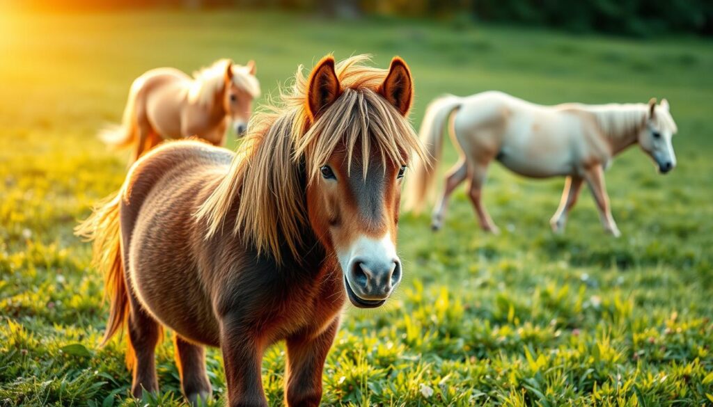 A charming and peaceful scene of child-friendly pony breeds frolicking in a lush, verdant meadow. In the foreground, a gentle Shetland pony with a flowing mane and warm, friendly eyes stands at the ready, waiting to be petted by a small child. In the middle ground, a Haflinger pony trots playfully, its golden coat shimmering in the soft, natural lighting. In the background, a Welsh Cob pony grazes peacefully, its stocky frame and calm demeanor exuding a sense of safety and security. The scene is bathed in a warm, golden glow, creating a welcoming and nurturing atmosphere, perfect for introducing young children to the joys of small horse ownership. A charming and peaceful scene of child-friendly pony breeds frolicking in a lush, verdant meadow. In the foreground, a gentle Shetland pony with a flowing mane and warm, friendly eyes stands at the ready, waiting to be petted by a small child. In the middle ground, a Haflinger pony trots playfully, its golden coat shimmering in the soft, natural lighting. In the background, a Welsh Cob pony grazes peacefully, its stocky frame and calm demeanor exuding a sense of safety and security. The scene is bathed in a warm, golden glow, creating a welcoming and nurturing atmosphere, perfect for introducing young children to the joys of small horse ownership.