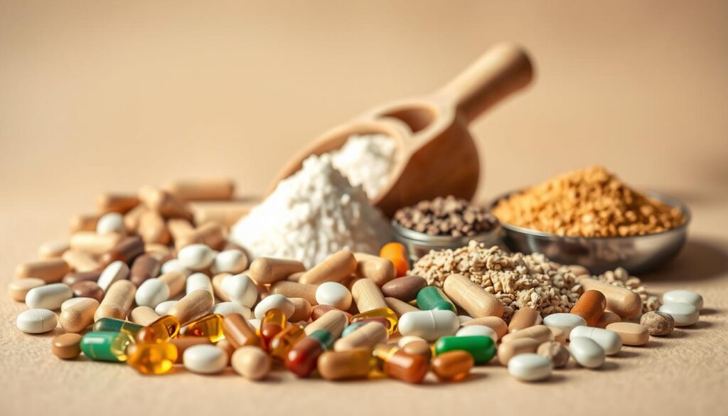 A close-up shot of various horse joint health supplements arranged on a neutral background. In the foreground, an assortment of different-sized tablets, capsules, and powder supplements in various colors and shapes. In the middle ground, a wooden scoop or measuring cup, adding a rustic, natural element. The lighting is soft and diffused, casting gentle shadows and highlighting the textures of the supplements. The overall mood is one of quality, purity, and natural remedies, conveying the notion of effective nutritional support for equine joint health. A close-up shot of various horse joint health supplements arranged on a neutral background. In the foreground, an assortment of different-sized tablets, capsules, and powder supplements in various colors and shapes. In the middle ground, a wooden scoop or measuring cup, adding a rustic, natural element. The lighting is soft and diffused, casting gentle shadows and highlighting the textures of the supplements. The overall mood is one of quality, purity, and natural remedies, conveying the notion of effective nutritional support for equine joint health.