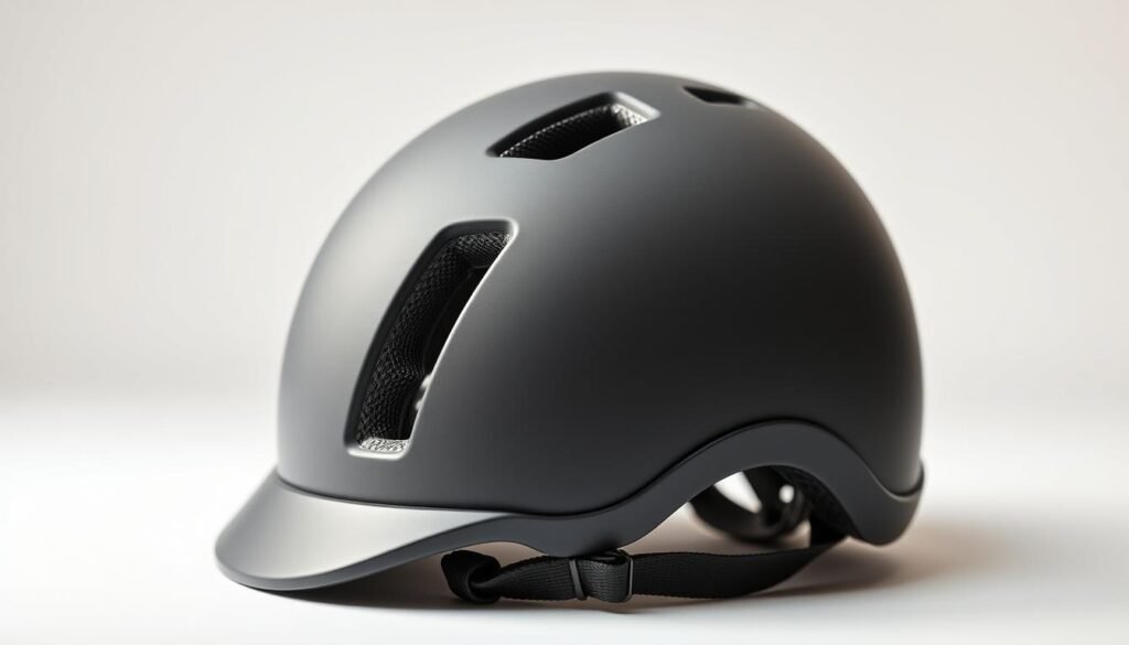 A close-up view of a children's horseback riding helmet, showcasing its sleek and modern design. The helmet is positioned on a simple white background, allowing the details to take center stage. The lighting is soft and diffused, creating a warm and inviting atmosphere. The helmet's shell is crafted from a durable yet lightweight material, featuring a matte finish that adds a touch of sophistication. The adjustable straps and padding are visible, highlighting the helmet's comfort and safety features. The overall composition emphasizes the transition from a beginner to an advanced helmet, conveying a sense of progression and growth in the rider's equestrian journey.