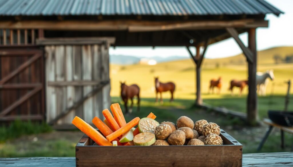A cozy, rustic scene featuring a homemade horse snack guide. In the foreground, an open wooden box displays an assortment of wholesome, handcrafted treats - carrot sticks, apple slices, and oat-based bites. The middle ground showcases a weathered barn, its wooden planks and tin roof illuminated by warm, natural lighting. In the background, a lush, rolling pasture with grazing horses, their manes and tails blowing gently in the breeze. The overall atmosphere is one of simplicity, care, and a connection to the natural world, inviting the viewer to imagine the joy and nourishment these homemade snacks will bring to their beloved equine companions. A cozy, rustic scene featuring a homemade horse snack guide. In the foreground, an open wooden box displays an assortment of wholesome, handcrafted treats - carrot sticks, apple slices, and oat-based bites. The middle ground showcases a weathered barn, its wooden planks and tin roof illuminated by warm, natural lighting. In the background, a lush, rolling pasture with grazing horses, their manes and tails blowing gently in the breeze. The overall atmosphere is one of simplicity, care, and a connection to the natural world, inviting the viewer to imagine the joy and nourishment these homemade snacks will bring to their beloved equine companions.