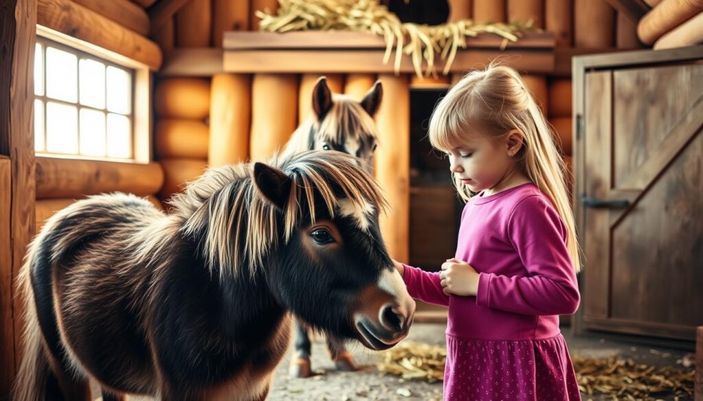 A cozy, rustic stable scene showcasing two small, gentle horse breeds ideal for children. In the foreground, a young girl tenderly brushes the mane of a compact, sturdy Shetland pony with a friendly disposition. In the middle ground, a diminutive Icelandic horse stands calmly, its thick, shaggy coat glistening in the warm, soft lighting. The background features a quaint wooden structure with a hayloft, evoking a peaceful, countryside atmosphere. The overall mood is one of tranquility, safety, and the bond between children and these well-suited, equine companions. A cozy, rustic stable scene showcasing two small, gentle horse breeds ideal for children. In the foreground, a young girl tenderly brushes the mane of a compact, sturdy Shetland pony with a friendly disposition. In the middle ground, a diminutive Icelandic horse stands calmly, its thick, shaggy coat glistening in the warm, soft lighting. The background features a quaint wooden structure with a hayloft, evoking a peaceful, countryside atmosphere. The overall mood is one of tranquility, safety, and the bond between children and these well-suited, equine companions.