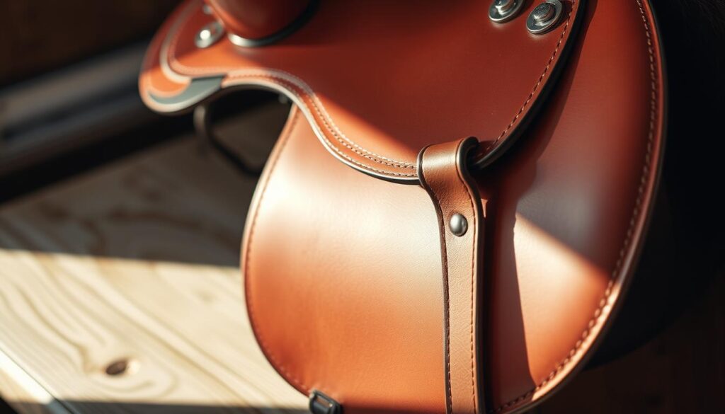 A detailed close-up view of a high-quality leather saddle, suitable for trail riding. The saddle is well-crafted with a smooth, supple finish, showcasing intricate stitching and polished hardware. The saddle is positioned on a wooden surface, illuminated by soft, natural lighting that casts gentle shadows, emphasizing its elegant design. The background is slightly blurred, keeping the focus on the saddle's features, such as the contoured seat, sturdy stirrups, and secure attachment points. The overall image conveys a sense of quality, durability, and attention to detail, reflecting the considerations for choosing the best saddle for trail riding. A detailed close-up view of a high-quality leather saddle, suitable for trail riding. The saddle is well-crafted with a smooth, supple finish, showcasing intricate stitching and polished hardware. The saddle is positioned on a wooden surface, illuminated by soft, natural lighting that casts gentle shadows, emphasizing its elegant design. The background is slightly blurred, keeping the focus on the saddle's features, such as the contoured seat, sturdy stirrups, and secure attachment points. The overall image conveys a sense of quality, durability, and attention to detail, reflecting the considerations for choosing the best saddle for trail riding.