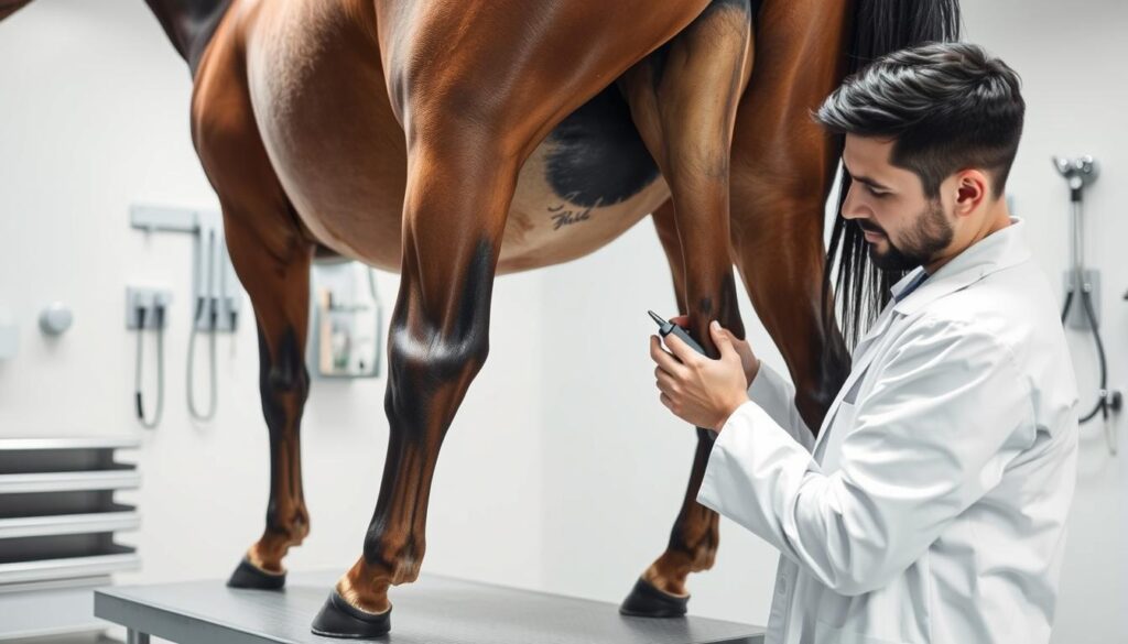 A detailed veterinary examination of a horse's hind legs, with the veterinarian carefully palpating the joints and observing the range of motion. The horse stands calmly on a well-lit examination table, its muscular body and glossy coat emphasizing its noble presence. The veterinarian, dressed in a clean white coat, uses specialized tools to assess any signs of inflammation or joint degradation, their focused expression conveying the importance of this routine check-up. The background is a pristine, sterile veterinary clinic, with crisp white walls and gleaming medical equipment, creating a sense of professionalism and care. Soft, directional lighting illuminates the scene, casting subtle shadows and highlighting the veterinarian's attentive gestures. A detailed veterinary examination of a horse's hind legs, with the veterinarian carefully palpating the joints and observing the range of motion. The horse stands calmly on a well-lit examination table, its muscular body and glossy coat emphasizing its noble presence. The veterinarian, dressed in a clean white coat, uses specialized tools to assess any signs of inflammation or joint degradation, their focused expression conveying the importance of this routine check-up. The background is a pristine, sterile veterinary clinic, with crisp white walls and gleaming medical equipment, creating a sense of professionalism and care. Soft, directional lighting illuminates the scene, casting subtle shadows and highlighting the veterinarian's attentive gestures.