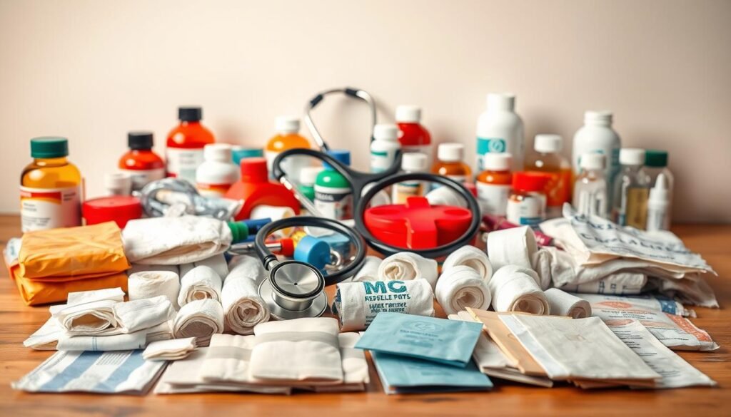 A high-quality, well-lit still life arrangement of essential equine medical supplies against a clean, neutral background. In the foreground, a selection of bandages, gauze, antiseptic ointments, and wound care items neatly displayed. In the middle ground, a stethoscope, thermometer, and other diagnostic tools. In the background, bottles of horse medications, syringes, and other veterinary necessities. Warm, natural lighting casts a soft glow, highlighting the array of specialized equipment required for comprehensive equine first aid and emergency care. A high-quality, well-lit still life arrangement of essential equine medical supplies against a clean, neutral background. In the foreground, a selection of bandages, gauze, antiseptic ointments, and wound care items neatly displayed. In the middle ground, a stethoscope, thermometer, and other diagnostic tools. In the background, bottles of horse medications, syringes, and other veterinary necessities. Warm, natural lighting casts a soft glow, highlighting the array of specialized equipment required for comprehensive equine first aid and emergency care.
