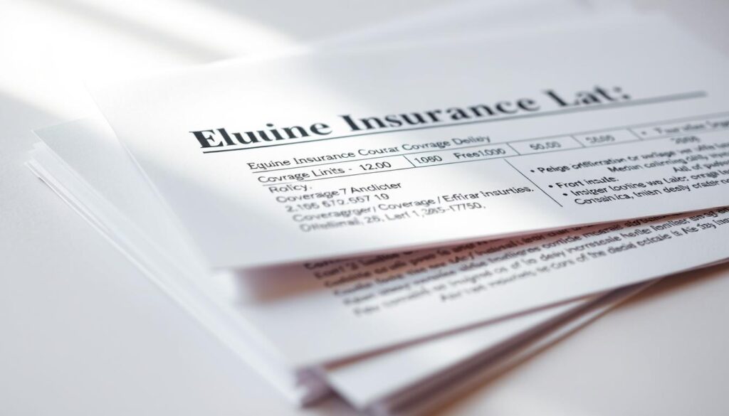 A high-resolution close-up photograph of a stack of insurance documents and policies, with a focus on the text and numeric details related to coverage limits, deductibles, and premium costs for an equine insurance plan. The documents are set against a plain white background, with soft, diffused natural lighting from the side creating subtle shadows and highlights to emphasize the textures and materials. The depth of field is shallow, gently blurring the background to draw the viewer's attention to the key policy information. The overall mood is one of clarity, precision, and attention to detail, reflecting the importance of understanding the specifics of an equine insurance plan. A high-resolution close-up photograph of a stack of insurance documents and policies, with a focus on the text and numeric details related to coverage limits, deductibles, and premium costs for an equine insurance plan. The documents are set against a plain white background, with soft, diffused natural lighting from the side creating subtle shadows and highlights to emphasize the textures and materials. The depth of field is shallow, gently blurring the background to draw the viewer's attention to the key policy information. The overall mood is one of clarity, precision, and attention to detail, reflecting the importance of understanding the specifics of an equine insurance plan.