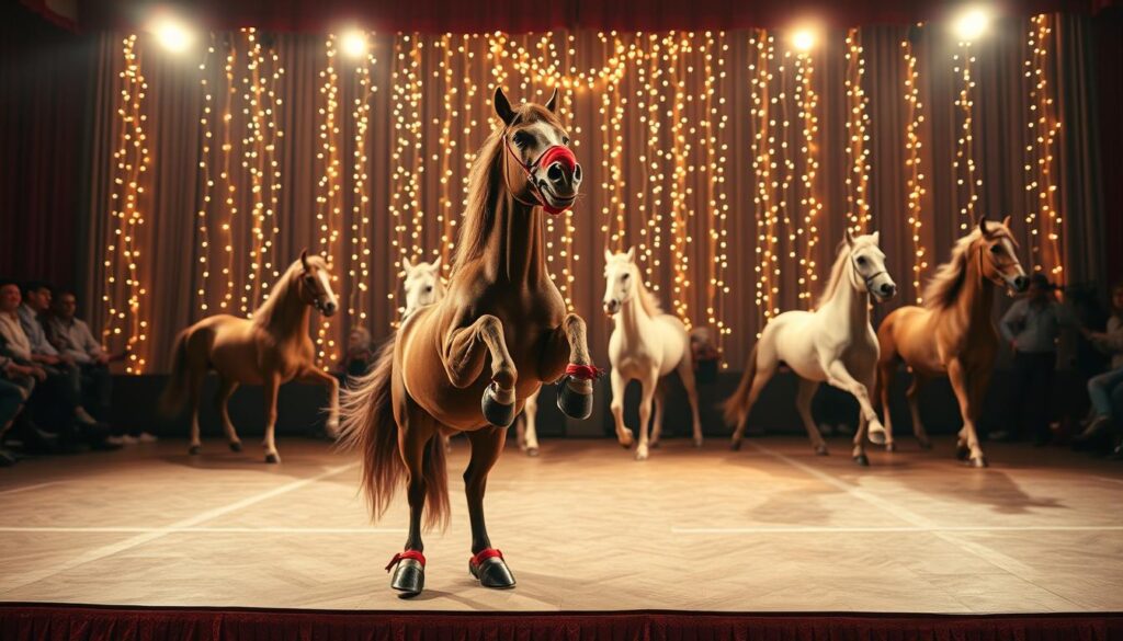 A hilarious equine performance on a brightly lit stage, captured by a wide-angle lens. In the foreground, a comical horse clown dances and prances, its oversized shoes and red nose eliciting laughter from the audience. In the middle ground, a troupe of elegant Arabian horses prance and pirouette, their manes and tails flowing gracefully. In the background, a curtain of twinkling fairy lights sets the stage for this comedic equine extravaganza. The lighting is warm and theatrical, casting a whimsical glow over the entire scene. The mood is one of pure, unadulterated joy and laughter, as the horses showcase their remarkable comedic talents. A hilarious equine performance on a brightly lit stage, captured by a wide-angle lens. In the foreground, a comical horse clown dances and prances, its oversized shoes and red nose eliciting laughter from the audience. In the middle ground, a troupe of elegant Arabian horses prance and pirouette, their manes and tails flowing gracefully. In the background, a curtain of twinkling fairy lights sets the stage for this comedic equine extravaganza. The lighting is warm and theatrical, casting a whimsical glow over the entire scene. The mood is one of pure, unadulterated joy and laughter, as the horses showcase their remarkable comedic talents.