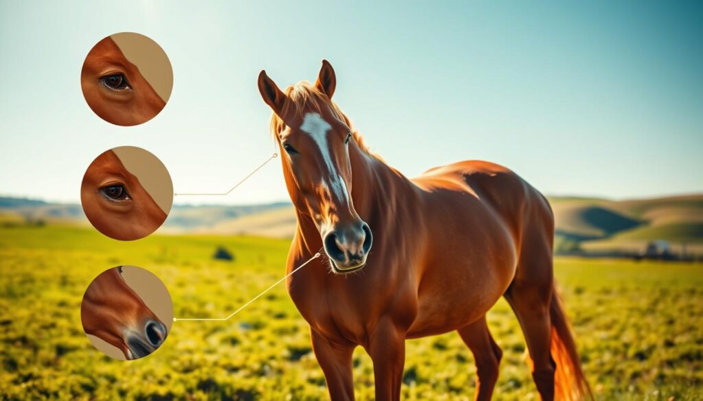 A majestic chestnut horse stands in a sunlit field, its muscles rippling beneath a glossy coat. In the foreground, a series of informative illustrations showcase the horse's incredible senses: a close-up of its large, expressive eyes, its delicate, flaring nostrils, and its pricked, attentive ears. The middle ground features the horse in a pensive pose, its head tilted as if listening intently. In the background, rolling hills and a clear blue sky create a serene, pastoral scene. The lighting is soft and natural, with gentle shadows and highlights accentuating the horse's form. The overall mood is one of wonder and fascination, inviting the viewer to learn more about the amazing capabilities of these magnificent creatures. A majestic chestnut horse stands in a sunlit field, its muscles rippling beneath a glossy coat. In the foreground, a series of informative illustrations showcase the horse's incredible senses: a close-up of its large, expressive eyes, its delicate, flaring nostrils, and its pricked, attentive ears. The middle ground features the horse in a pensive pose, its head tilted as if listening intently. In the background, rolling hills and a clear blue sky create a serene, pastoral scene. The lighting is soft and natural, with gentle shadows and highlights accentuating the horse's form. The overall mood is one of wonder and fascination, inviting the viewer to learn more about the amazing capabilities of these magnificent creatures.