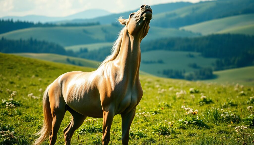 A majestic horse standing in a lush, verdant meadow, its head tilted upwards, its mouth open in a powerful, expressive neigh. The sunlight dapples its coat, highlighting the sleek muscles and powerful frame. In the background, rolling hills and a distant forest create a sense of depth and tranquility. The scene captures the essence of the horse's innate communication, a vestige of its wild heritage, now adapted to the context of domestication. Rendered with a cinematic, realistic style, the image conveys the historical significance of this distinctive equine vocalization. A majestic horse standing in a lush, verdant meadow, its head tilted upwards, its mouth open in a powerful, expressive neigh. The sunlight dapples its coat, highlighting the sleek muscles and powerful frame. In the background, rolling hills and a distant forest create a sense of depth and tranquility. The scene captures the essence of the horse's innate communication, a vestige of its wild heritage, now adapted to the context of domestication. Rendered with a cinematic, realistic style, the image conveys the historical significance of this distinctive equine vocalization.