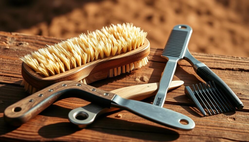 A neatly arranged display of high-quality horse grooming tools, including a sturdy bristle brush, a metal curry comb, a mane and tail comb, and a hoof pick, all positioned on a rustic wooden surface. The items are illuminated by warm, natural lighting, casting gentle shadows and highlighting the textures of the materials. The background features a blurred, earthy tone, creating a sense of focus on the grooming essentials. The overall composition conveys a sense of simplicity, practicality, and the essential tools needed for an beginner to effectively groom their horse. A neatly arranged display of high-quality horse grooming tools, including a sturdy bristle brush, a metal curry comb, a mane and tail comb, and a hoof pick, all positioned on a rustic wooden surface. The items are illuminated by warm, natural lighting, casting gentle shadows and highlighting the textures of the materials. The background features a blurred, earthy tone, creating a sense of focus on the grooming essentials. The overall composition conveys a sense of simplicity, practicality, and the essential tools needed for an beginner to effectively groom their horse.