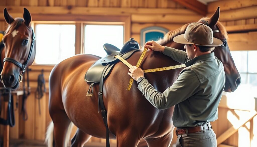 A person carefully measuring a horse's back to determine the ideal saddle size. The scene is set in a well-lit stable, with warm natural lighting filtering through the windows. The horse stands calmly, its muscular frame and glossy coat clearly visible. The person, dressed in practical riding attire, uses a specialized saddle-fitting tape to take precise measurements, ensuring a perfect fit for the trail riding ahead. The background is a rustic wooden interior, with tack and grooming supplies neatly organized, conveying a sense of professionalism and attention to detail. A person carefully measuring a horse's back to determine the ideal saddle size. The scene is set in a well-lit stable, with warm natural lighting filtering through the windows. The horse stands calmly, its muscular frame and glossy coat clearly visible. The person, dressed in practical riding attire, uses a specialized saddle-fitting tape to take precise measurements, ensuring a perfect fit for the trail riding ahead. The background is a rustic wooden interior, with tack and grooming supplies neatly organized, conveying a sense of professionalism and attention to detail.