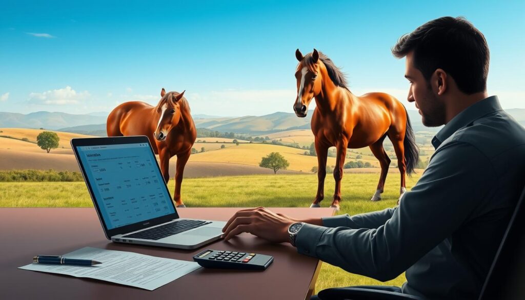 A realistic digital illustration depicting the process of calculating horse insurance costs. In the foreground, a person sits at a desk, intently focused on a laptop screen displaying insurance calculation software. On the desk, a pen, calculator, and insurance documents are neatly arranged. The middle ground features a majestic chestnut horse standing calmly, its muscular frame and flowing mane capturing the viewer's attention. The background showcases a serene countryside landscape, with rolling hills, a few trees, and a clear blue sky. The overall scene conveys a sense of diligence, responsibility, and the importance of protecting one's equine investment. Soft, warm lighting illuminates the composition, creating a professional, trustworthy atmosphere. A realistic digital illustration depicting the process of calculating horse insurance costs. In the foreground, a person sits at a desk, intently focused on a laptop screen displaying insurance calculation software. On the desk, a pen, calculator, and insurance documents are neatly arranged. The middle ground features a majestic chestnut horse standing calmly, its muscular frame and flowing mane capturing the viewer's attention. The background showcases a serene countryside landscape, with rolling hills, a few trees, and a clear blue sky. The overall scene conveys a sense of diligence, responsibility, and the importance of protecting one's equine investment. Soft, warm lighting illuminates the composition, creating a professional, trustworthy atmosphere.