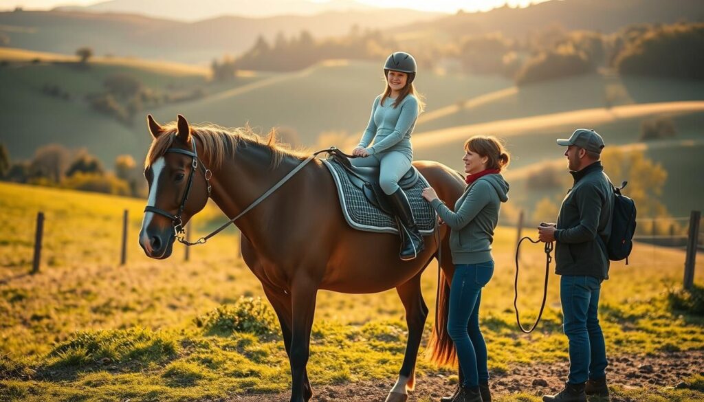 A serene countryside landscape with rolling hills and lush greenery in the background. In the foreground, a calm and patient horse stands still, ready to be mounted by a beginner rider. The rider, dressed in appropriate riding gear, has a look of determination on their face as they prepare to take the reins, guided by an experienced instructor nearby. Warm, golden sunlight filters through the scene, creating a welcoming and reassuring atmosphere. The overall composition conveys a sense of tranquility and the thrill of a beginner's first guided horseback riding adventure. A serene countryside landscape with rolling hills and lush greenery in the background. In the foreground, a calm and patient horse stands still, ready to be mounted by a beginner rider. The rider, dressed in appropriate riding gear, has a look of determination on their face as they prepare to take the reins, guided by an experienced instructor nearby. Warm, golden sunlight filters through the scene, creating a welcoming and reassuring atmosphere. The overall composition conveys a sense of tranquility and the thrill of a beginner's first guided horseback riding adventure.