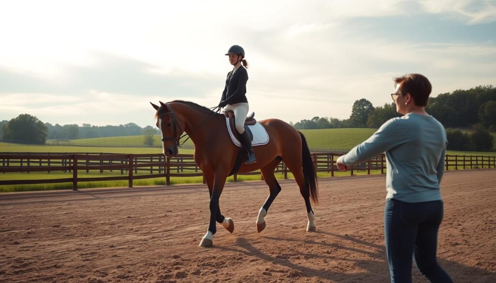 A serene outdoor equestrian arena, with a professional horse trainer guiding a rider on a chestnut horse through a series of dressage maneuvers. Soft natural lighting filters through wispy clouds, casting a warm glow over the scene. The rider's focus is intense as they work in harmony with the elegant, powerful animal. In the background, rows of wooden fencing and lush green pastures set the scene. The overall mood is one of dedication, skill, and the financial investment required to train a horse to this level of performance. A serene outdoor equestrian arena, with a professional horse trainer guiding a rider on a chestnut horse through a series of dressage maneuvers. Soft natural lighting filters through wispy clouds, casting a warm glow over the scene. The rider's focus is intense as they work in harmony with the elegant, powerful animal. In the background, rows of wooden fencing and lush green pastures set the scene. The overall mood is one of dedication, skill, and the financial investment required to train a horse to this level of performance.