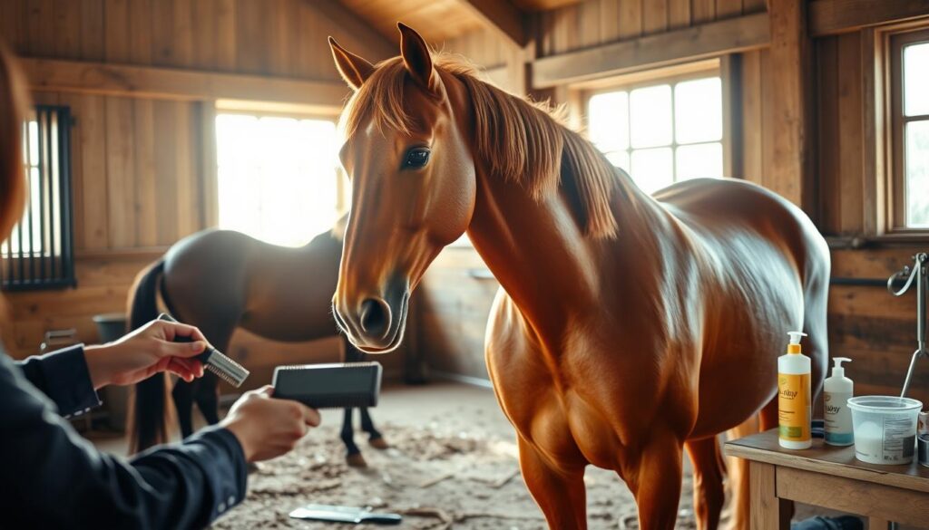 A serene stable interior, with sunlight streaming through large windows and casting a warm glow. In the foreground, a majestic chestnut horse stands patiently as a groomer meticulously brushes its coat, removing dirt and loose hair. The groomer's hands move with practiced precision, using a variety of specialized tools - a metal curry comb, a soft bristle brush, and a mane and tail comb. In the middle ground, another horse is being hoof-picked, its leg lifted and cleaned with a sturdy hoof pick. In the background, additional grooming supplies are neatly arranged on a wooden workbench, including shampoo, conditioner, and a bucket of water. The overall scene conveys a sense of care, attention to detail, and the importance of proper grooming techniques for the health and well-being of these magnificent equine companions. A serene stable interior, with sunlight streaming through large windows and casting a warm glow. In the foreground, a majestic chestnut horse stands patiently as a groomer meticulously brushes its coat, removing dirt and loose hair. The groomer's hands move with practiced precision, using a variety of specialized tools - a metal curry comb, a soft bristle brush, and a mane and tail comb. In the middle ground, another horse is being hoof-picked, its leg lifted and cleaned with a sturdy hoof pick. In the background, additional grooming supplies are neatly arranged on a wooden workbench, including shampoo, conditioner, and a bucket of water. The overall scene conveys a sense of care, attention to detail, and the importance of proper grooming techniques for the health and well-being of these magnificent equine companions.