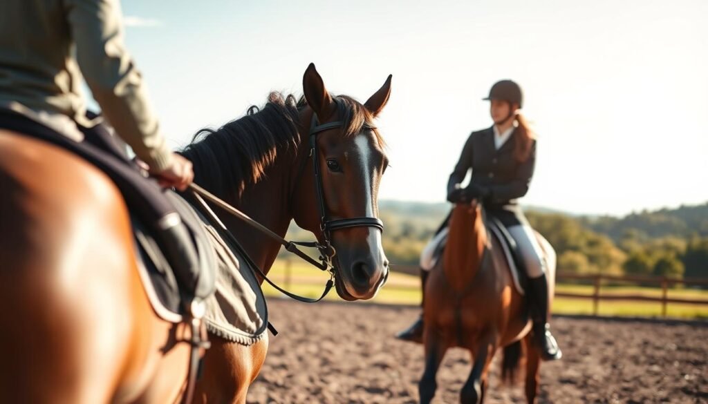A serene, sun-dappled outdoor arena, the gentle whicker of a well-trained horse echoing through the air. In the foreground, a seasoned equestrian gracefully guides the animal through a series of precision maneuvers, their movements in perfect harmony. The horse's ears perk attentively, its muscular frame responding to the rider's subtle cues with fluid ease. In the middle ground, the arena's lush, manicured surface provides a stable foundation, while the distant background features rolling hills and verdant trees, creating a tranquil, bucolic setting. Soft, diffuse lighting casts a warm, inviting glow, highlighting the bond between horse and rider and the importance of proper training. A serene, sun-dappled outdoor arena, the gentle whicker of a well-trained horse echoing through the air. In the foreground, a seasoned equestrian gracefully guides the animal through a series of precision maneuvers, their movements in perfect harmony. The horse's ears perk attentively, its muscular frame responding to the rider's subtle cues with fluid ease. In the middle ground, the arena's lush, manicured surface provides a stable foundation, while the distant background features rolling hills and verdant trees, creating a tranquil, bucolic setting. Soft, diffuse lighting casts a warm, inviting glow, highlighting the bond between horse and rider and the importance of proper training.