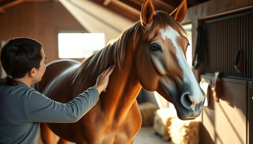 A serene, sunlit stable interior, with a gentle horse standing patiently as a caring groomer tenderly brushes its coat. The groomer's movements are deliberate and attentive, their body language conveying a deep bond with the animal. Soft lighting filters through the stable's windows, casting a warm glow on the scene. In the background, hay bales and tack hang neatly, hinting at the horse's comfortable living quarters. The horse's intelligent eyes reflect a sense of trust and contentment, as if it knows it is in good hands. The overall atmosphere is one of tranquility, showcasing the care and attention required to maintain a healthy, happy horse. A serene, sunlit stable interior, with a gentle horse standing patiently as a caring groomer tenderly brushes its coat. The groomer's movements are deliberate and attentive, their body language conveying a deep bond with the animal. Soft lighting filters through the stable's windows, casting a warm glow on the scene. In the background, hay bales and tack hang neatly, hinting at the horse's comfortable living quarters. The horse's intelligent eyes reflect a sense of trust and contentment, as if it knows it is in good hands. The overall atmosphere is one of tranquility, showcasing the care and attention required to maintain a healthy, happy horse.