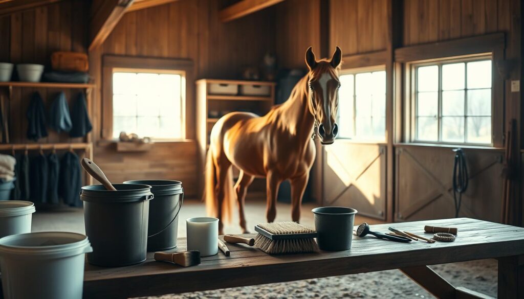 A serene, well-lit stable interior with a grooming station in the foreground. Buckets, brushes, and other equine grooming tools neatly arranged on a wooden workbench. In the middle ground, a chestnut horse standing calmly, its coat gleaming from a recent thorough brushing. Sunlight filters in through large windows, casting a warm, natural glow throughout the space. The background features shelves stocked with riding gear and supplies, suggesting a comprehensive, organized approach to seasonal horse care. An atmosphere of tranquility and attentive, meticulous grooming. A serene, well-lit stable interior with a grooming station in the foreground. Buckets, brushes, and other equine grooming tools neatly arranged on a wooden workbench. In the middle ground, a chestnut horse standing calmly, its coat gleaming from a recent thorough brushing. Sunlight filters in through large windows, casting a warm, natural glow throughout the space. The background features shelves stocked with riding gear and supplies, suggesting a comprehensive, organized approach to seasonal horse care. An atmosphere of tranquility and attentive, meticulous grooming.