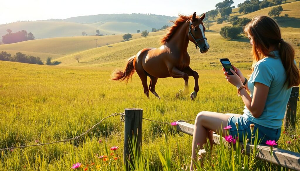 A sun-dappled meadow, with lush grass and vibrant wildflowers in the foreground. In the middle ground, a young woman in casual attire sits on a wooden fence, her gaze fixed intently on her smartphone as she scrolls through TikTok, captivated by a video of a majestic bay horse galloping gracefully through the field. The horse's mane and tail flow in the gentle breeze, and its powerful muscles ripple beneath its glossy coat. The background features rolling hills, dotted with clusters of trees, bathed in the warm glow of a late afternoon sun. The overall mood is one of tranquility and delight, capturing the essence of the best viral horse content on TikTok. A sun-dappled meadow, with lush grass and vibrant wildflowers in the foreground. In the middle ground, a young woman in casual attire sits on a wooden fence, her gaze fixed intently on her smartphone as she scrolls through TikTok, captivated by a video of a majestic bay horse galloping gracefully through the field. The horse's mane and tail flow in the gentle breeze, and its powerful muscles ripple beneath its glossy coat. The background features rolling hills, dotted with clusters of trees, bathed in the warm glow of a late afternoon sun. The overall mood is one of tranquility and delight, capturing the essence of the best viral horse content on TikTok.