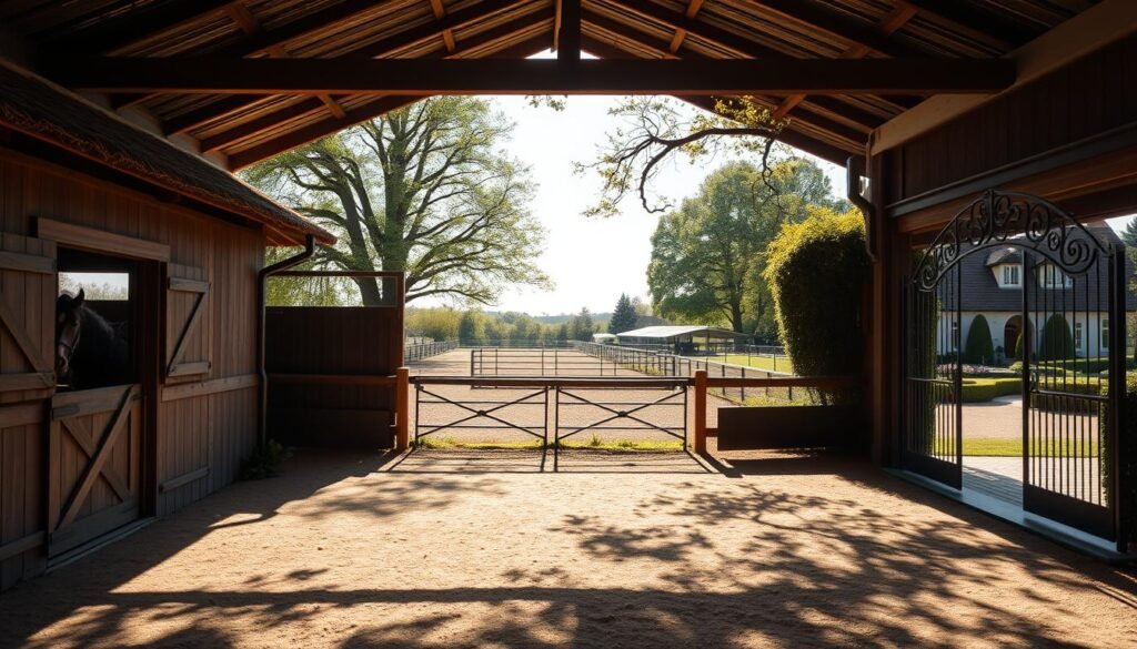 A sun-dappled stable yard, where three distinct horse boarding options are visually compared. In the foreground, a rustic wooden stable with a thatched roof, the idyllic countryside visible through its open doors. In the middle ground, a modern equestrian center with sleek steel fencing and well-manicured paddocks. And in the background, a lavish private estate with ornate wrought-iron gates and lush, manicured grounds. The lighting is soft and natural, casting warm hues across the scene. The camera angle is slightly elevated, allowing the viewer to take in the full scope of the comparative boarding options. The overall mood is one of tranquility and thoughtful consideration, inviting the viewer to carefully weigh the pros and cons of each facility. A sun-dappled stable yard, where three distinct horse boarding options are visually compared. In the foreground, a rustic wooden stable with a thatched roof, the idyllic countryside visible through its open doors. In the middle ground, a modern equestrian center with sleek steel fencing and well-manicured paddocks. And in the background, a lavish private estate with ornate wrought-iron gates and lush, manicured grounds. The lighting is soft and natural, casting warm hues across the scene. The camera angle is slightly elevated, allowing the viewer to take in the full scope of the comparative boarding options. The overall mood is one of tranquility and thoughtful consideration, inviting the viewer to carefully weigh the pros and cons of each facility.