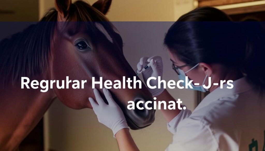 A veterinarian carefully administering a vaccine to a patient horse, the animal's head cradled gently as the syringe is precisely inserted. The horse's alert eyes and alert stance convey its trust in the skilled caretaker. Soft, diffused lighting casts a warm, reassuring glow on the scene, set against a nondescript, tranquil stable interior. The image radiates a sense of routine health maintenance and responsible horse ownership, perfectly capturing the essence of the "Regular Health Check-Ups and Vaccinations" section. A veterinarian carefully administering a vaccine to a patient horse, the animal's head cradled gently as the syringe is precisely inserted. The horse's alert eyes and alert stance convey its trust in the skilled caretaker. Soft, diffused lighting casts a warm, reassuring glow on the scene, set against a nondescript, tranquil stable interior. The image radiates a sense of routine health maintenance and responsible horse ownership, perfectly capturing the essence of the "Regular Health Check-Ups and Vaccinations" section.
