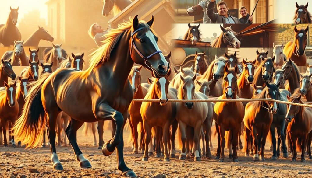 A vibrant collage of viral horse videos, captured through a cinematic lens. In the foreground, a horse performs a comedic dance, its hooves gracefully stepping to an unseen beat. In the middle ground, a group of horses engage in a playful tug-of-war, their expressions conveying pure mirth. The background is a kaleidoscope of varied horse antics, from a horse "playing" the piano to one hilariously photobombing a selfie. Bathed in warm, golden lighting, the scene radiates a sense of lighthearted joy and infectious laughter, capturing the essence of the top trends in horse humor for the year 2025. A vibrant collage of viral horse videos, captured through a cinematic lens. In the foreground, a horse performs a comedic dance, its hooves gracefully stepping to an unseen beat. In the middle ground, a group of horses engage in a playful tug-of-war, their expressions conveying pure mirth. The background is a kaleidoscope of varied horse antics, from a horse "playing" the piano to one hilariously photobombing a selfie. Bathed in warm, golden lighting, the scene radiates a sense of lighthearted joy and infectious laughter, capturing the essence of the top trends in horse humor for the year 2025.