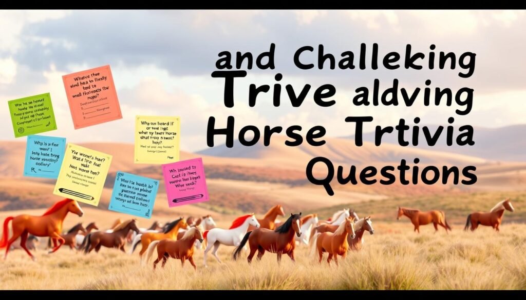 A vibrant, whimsical scene depicting a collection of fun and challenging horse trivia questions. The foreground features a series of colorful, hand-drawn question cards floating against a soft, dreamlike background. The cards showcase a variety of equine-themed trivia, each with a unique design and playful illustration. In the middle ground, a herd of stylized horses in various poses and colors adds a sense of movement and energy. The background is a lush, pastel-tinted landscape with rolling hills, a cloudy sky, and a warm, diffused lighting that creates a cozy, inviting atmosphere. The overall composition is dynamic, visually engaging, and designed to capture the spirit of the "Fun and Challenging Horse Trivia Questions" section. A vibrant, whimsical scene depicting a collection of fun and challenging horse trivia questions. The foreground features a series of colorful, hand-drawn question cards floating against a soft, dreamlike background. The cards showcase a variety of equine-themed trivia, each with a unique design and playful illustration. In the middle ground, a herd of stylized horses in various poses and colors adds a sense of movement and energy. The background is a lush, pastel-tinted landscape with rolling hills, a cloudy sky, and a warm, diffused lighting that creates a cozy, inviting atmosphere. The overall composition is dynamic, visually engaging, and designed to capture the spirit of the "Fun and Challenging Horse Trivia Questions" section.