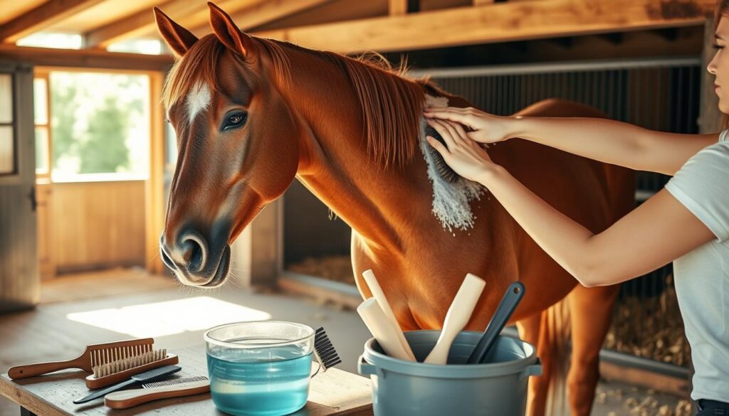 A warm summer day, sun filtering through the stable's open windows, illuminating a serene horse grooming scene. In the foreground, a chestnut mare stands patiently as her owner tenderly brushes her coat, removing dirt and loose hair. The horse's expression is calm and content, as the gentle strokes soothe her. In the middle ground, an array of grooming tools - brushes, combs, and a bucket of cool water - are neatly arranged, ready for use. The background features the cozy interior of the stable, with straw-lined stalls and the occasional waft of hay. A sense of harmony and care permeates the scene, reflecting the importance of proper grooming for a horse's comfort and well-being during the summer months. A warm summer day, sun filtering through the stable's open windows, illuminating a serene horse grooming scene. In the foreground, a chestnut mare stands patiently as her owner tenderly brushes her coat, removing dirt and loose hair. The horse's expression is calm and content, as the gentle strokes soothe her. In the middle ground, an array of grooming tools - brushes, combs, and a bucket of cool water - are neatly arranged, ready for use. The background features the cozy interior of the stable, with straw-lined stalls and the occasional waft of hay. A sense of harmony and care permeates the scene, reflecting the importance of proper grooming for a horse's comfort and well-being during the summer months.
