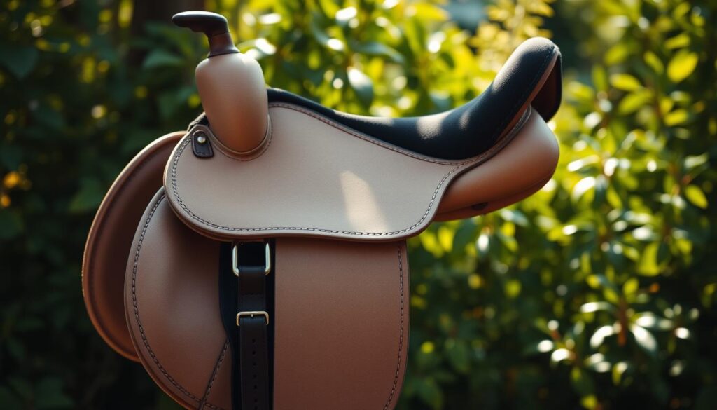 A well-crafted, high-quality saddle for long trail rides, illuminated by soft, natural lighting. The saddle features a sturdy, ergonomic design with a padded seat and reinforced stirrups, providing maximum comfort and support during extended journeys. The saddle's neutral color palette complements the rugged, outdoorsy aesthetic, while intricate stitching and premium leather materials convey a sense of craftsmanship and durability. Positioned against a backdrop of lush, verdant foliage, the saddle evokes a sense of adventure and exploration, perfectly suited for the demands of trail riding. A well-crafted, high-quality saddle for long trail rides, illuminated by soft, natural lighting. The saddle features a sturdy, ergonomic design with a padded seat and reinforced stirrups, providing maximum comfort and support during extended journeys. The saddle's neutral color palette complements the rugged, outdoorsy aesthetic, while intricate stitching and premium leather materials convey a sense of craftsmanship and durability. Positioned against a backdrop of lush, verdant foliage, the saddle evokes a sense of adventure and exploration, perfectly suited for the demands of trail riding.