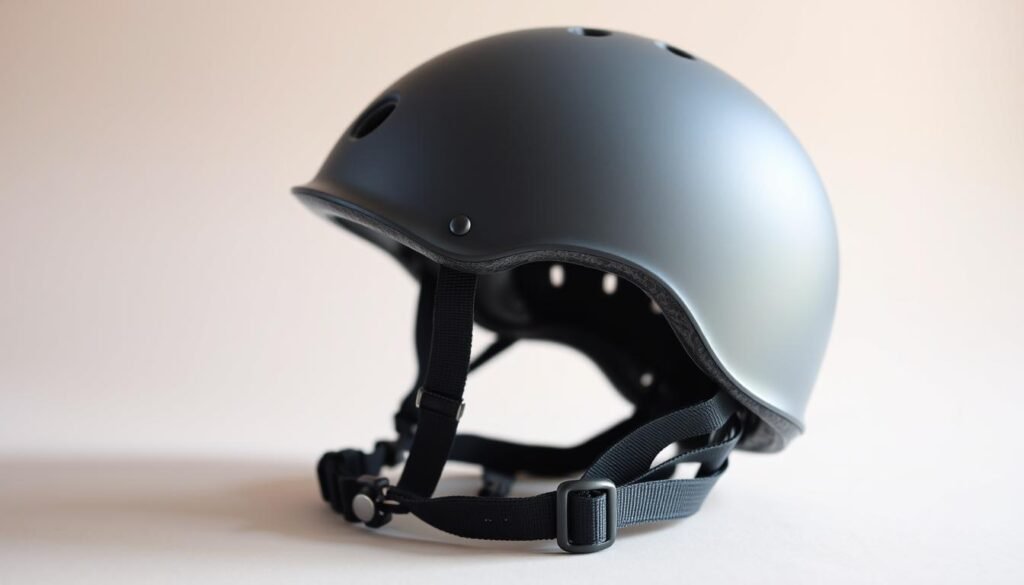 A well-fitted children's horse riding safety helmet, with a snug yet comfortable design. The helmet has a sleek matte finish, featuring air vents for breathability. A close-up view showcases the adjustable straps and sturdy buckle closure, ensuring a secure fit. The helmet is positioned on a neutral background, allowing the safety features to be the focal point. Soft, natural lighting illuminates the helmet, creating a sense of safety and protection. The overall composition emphasizes the importance of properly fitted gear for the child's equestrian activities.