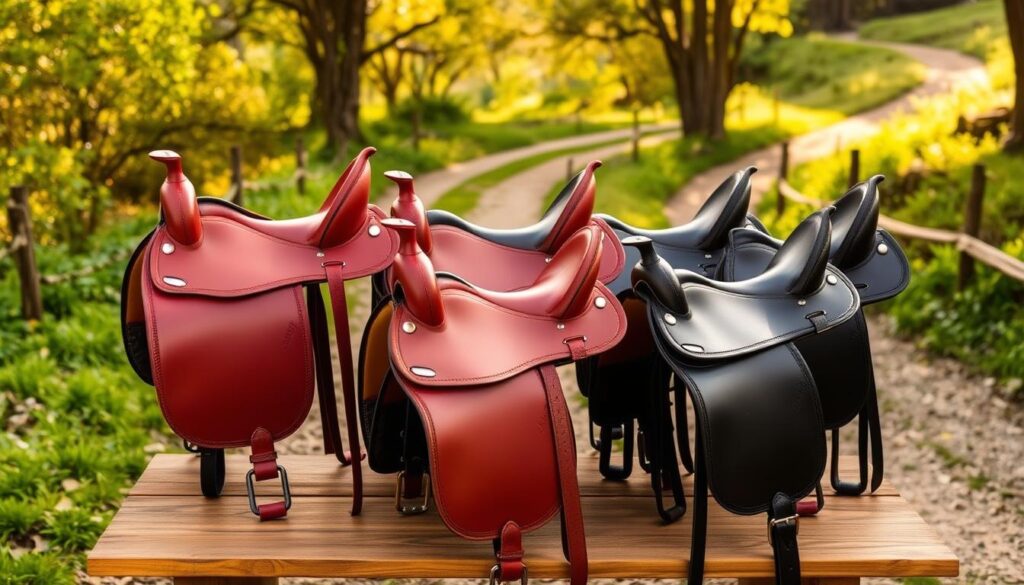 A well-lit image of a collection of high-quality yet affordable trail riding saddles displayed in a rustic outdoor setting. The saddles are arranged on a wooden table or bench, showcasing their sturdy construction, padded seats, and intricate stitching. The background features a scenic trail winding through lush greenery, with the warm glow of the sun filtering through the trees, creating a pleasant and inviting atmosphere. The overall composition emphasizes the durability, comfort, and value of these trail-ready saddles, perfectly suited for the "Best Saddles Under $200 for Trail Riders" article section. A well-lit image of a collection of high-quality yet affordable trail riding saddles displayed in a rustic outdoor setting. The saddles are arranged on a wooden table or bench, showcasing their sturdy construction, padded seats, and intricate stitching. The background features a scenic trail winding through lush greenery, with the warm glow of the sun filtering through the trees, creating a pleasant and inviting atmosphere. The overall composition emphasizes the durability, comfort, and value of these trail-ready saddles, perfectly suited for the "Best Saddles Under $200 for Trail Riders" article section.
