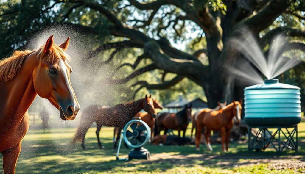 A well-lit outdoor scene featuring an array of cooling products for horses. In the foreground, a misting system with delicate water droplets gently mists a chestnut horse, its coat glistening. In the middle ground, a portable fan blows a cooling breeze over a group of horses relaxing in the shade of a large oak tree. In the background, a stock tank filled with cool water and a horse-friendly misters invites the animals to refresh themselves. The lighting is soft and natural, creating a serene, summertime atmosphere. The composition emphasizes the horses' comfort and the effectiveness of the cooling solutions. A well-lit outdoor scene featuring an array of cooling products for horses. In the foreground, a misting system with delicate water droplets gently mists a chestnut horse, its coat glistening. In the middle ground, a portable fan blows a cooling breeze over a group of horses relaxing in the shade of a large oak tree. In the background, a stock tank filled with cool water and a horse-friendly misters invites the animals to refresh themselves. The lighting is soft and natural, creating a serene, summertime atmosphere. The composition emphasizes the horses' comfort and the effectiveness of the cooling solutions.