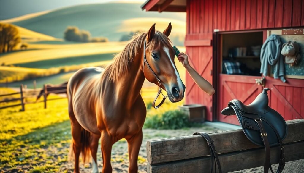 A well-lit, pastoral scene of a stable surrounded by lush green fields and rolling hills. In the foreground, a chestnut mare standing patiently as a diligent stable hand grooms her coat with a soft brush, ensuring a sleek, shiny finish. In the middle ground, a leather saddle and bridle rest on a wooden bench, signifying the daily care and maintenance required for an equine companion. The background features a red barn with a weathered wooden exterior, its open doors revealing the organized storage of feed, tack, and other horse-keeping essentials. The lighting is warm and golden, creating a peaceful, tranquil atmosphere suitable for the attentive care of a beloved horse. A well-lit, pastoral scene of a stable surrounded by lush green fields and rolling hills. In the foreground, a chestnut mare standing patiently as a diligent stable hand grooms her coat with a soft brush, ensuring a sleek, shiny finish. In the middle ground, a leather saddle and bridle rest on a wooden bench, signifying the daily care and maintenance required for an equine companion. The background features a red barn with a weathered wooden exterior, its open doors revealing the organized storage of feed, tack, and other horse-keeping essentials. The lighting is warm and golden, creating a peaceful, tranquil atmosphere suitable for the attentive care of a beloved horse.