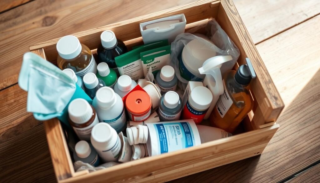 A wooden crate filled with an assortment of equine health supplies, including bottles of medication, bandages, antiseptic wipes, and other essential items for treating minor injuries and illnesses in horses. The crate is situated on a wooden surface, with a natural light filtering in from the side, casting soft shadows and highlighting the textures of the materials. The overall scene conveys a sense of preparedness and care for the well-being of the horses, with a clean, organized, and professional atmosphere. Equine First Aid Kit : A wooden crate filled with an assortment of equine health supplies, including bottles of medication, bandages, antiseptic wipes, and other essential items for treating minor injuries and illnesses in horses. The crate is situated on a wooden surface, with a natural light filtering in from the side, casting soft shadows and highlighting the textures of the materials. The overall scene conveys a sense of preparedness and care for the well-being of the horses, with a clean, organized, and professional atmosphere.