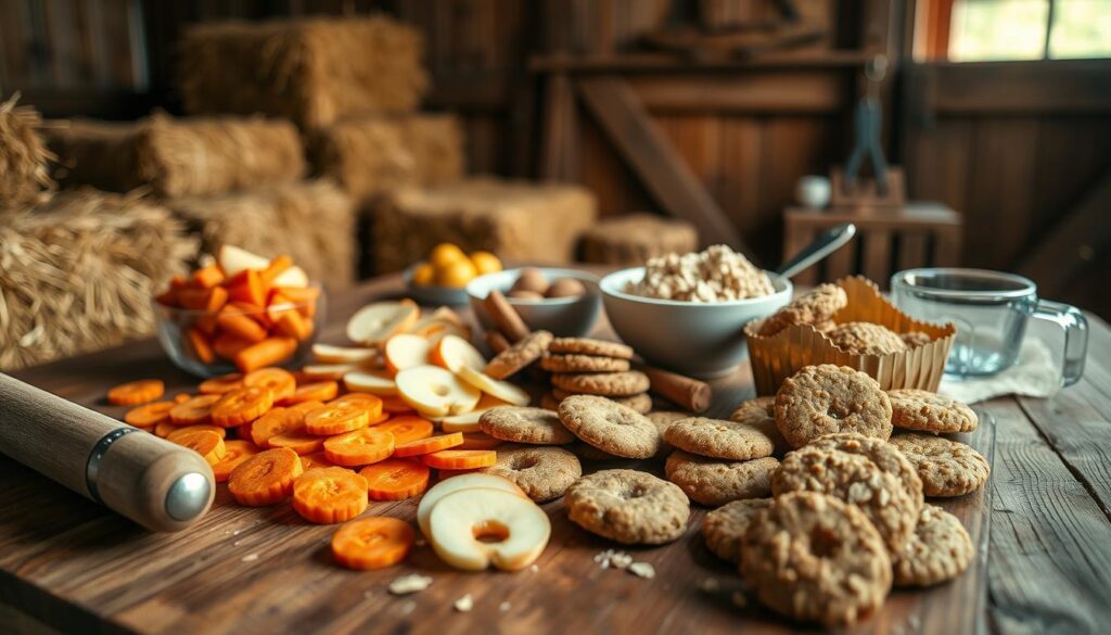 A wooden table filled with various homemade horse treats, including carrot coins, apple slices, and oatmeal cookies. The treats are arranged neatly, showcasing their natural colors and textures. In the background, hay bales and a rustic barn wall create a cozy, farmhouse-inspired setting. The lighting is soft and warm, creating a comforting and inviting atmosphere. The scene is captured from a slightly elevated angle, highlighting the delicious-looking snacks and the tools needed to prepare them, such as a rolling pin, mixing bowls, and a measuring cup. A wooden table filled with various homemade horse treats, including carrot coins, apple slices, and oatmeal cookies. The treats are arranged neatly, showcasing their natural colors and textures. In the background, hay bales and a rustic barn wall create a cozy, farmhouse-inspired setting. The lighting is soft and warm, creating a comforting and inviting atmosphere. The scene is captured from a slightly elevated angle, highlighting the delicious-looking snacks and the tools needed to prepare them, such as a rolling pin, mixing bowls, and a measuring cup.