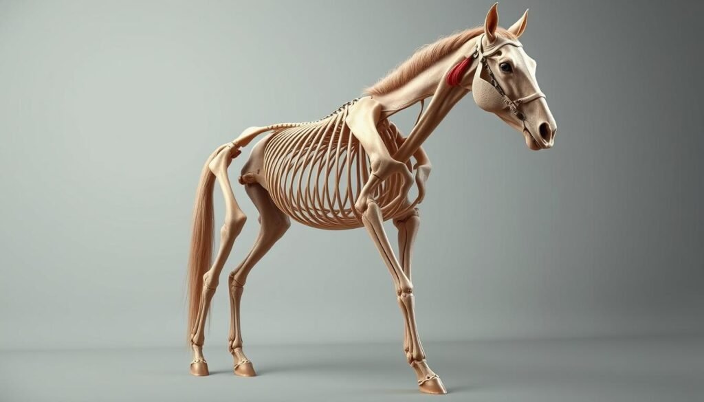 Detailed anatomical illustration of a horse's skeletal structure, rendered in realistic detail. Prominent bone structures and muscle attachments clearly visible, with a neutral, scientific tone. Subtle lighting from above casts soft shadows, highlighting the three-dimensional form. Clean, minimalist background with muted colors allows the subject to take center stage. Slightly elevated camera angle provides an informative, educational perspective. The overall composition conveys a sense of clinical precision and educational purpose, suitable for an article on horse anatomy. Detailed anatomical illustration of a horse's skeletal structure, rendered in realistic detail. Prominent bone structures and muscle attachments clearly visible, with a neutral, scientific tone. Subtle lighting from above casts soft shadows, highlighting the three-dimensional form. Clean, minimalist background with muted colors allows the subject to take center stage. Slightly elevated camera angle provides an informative, educational perspective. The overall composition conveys a sense of clinical precision and educational purpose, suitable for an article on horse anatomy.