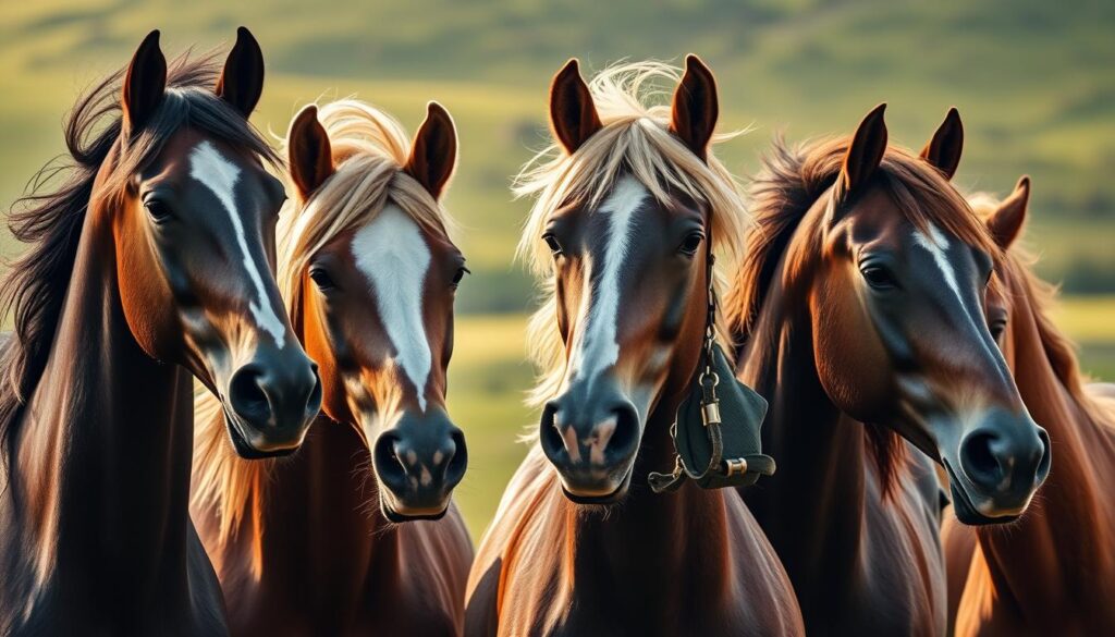 Famous horse names depicted in a visually striking and evocative manner. A striking close-up view showcasing the proud profiles and noble expressions of several legendary equine champions, their manes billowing dramatically in a warm, natural light. The horses are positioned against a subtly blurred, textured background that suggests a setting of rolling green hills or a stately manor, evoking a sense of grandeur and history. The overall composition and lighting should convey a sense of timeless elegance and the enduring legacy of these famous equine heroes. Famous horse names depicted in a visually striking and evocative manner. A striking close-up view showcasing the proud profiles and noble expressions of several legendary equine champions, their manes billowing dramatically in a warm, natural light. The horses are positioned against a subtly blurred, textured background that suggests a setting of rolling green hills or a stately manor, evoking a sense of grandeur and history. The overall composition and lighting should convey a sense of timeless elegance and the enduring legacy of these famous equine heroes.
