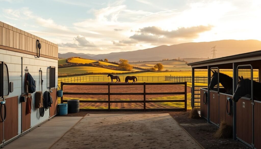 a high-quality, hyperrealistic image of a cost-effective horse boarding facility, with a well-designed stable in the foreground featuring a clean, organized interior with stalls, hay bales, and grooming supplies. In the middle ground, an outdoor paddock with a few horses grazing, surrounded by a sturdy, well-maintained fence. In the background, rolling hills and a picturesque countryside landscape, bathed in warm, golden afternoon sunlight filtered through wispy clouds. The scene conveys a sense of tranquility, efficiency, and attention to the horses' well-being, showcasing practical, budget-friendly solutions for horse boarding. a high-quality, hyperrealistic image of a cost-effective horse boarding facility, with a well-designed stable in the foreground featuring a clean, organized interior with stalls, hay bales, and grooming supplies. In the middle ground, an outdoor paddock with a few horses grazing, surrounded by a sturdy, well-maintained fence. In the background, rolling hills and a picturesque countryside landscape, bathed in warm, golden afternoon sunlight filtered through wispy clouds. The scene conveys a sense of tranquility, efficiency, and attention to the horses' well-being, showcasing practical, budget-friendly solutions for horse boarding.