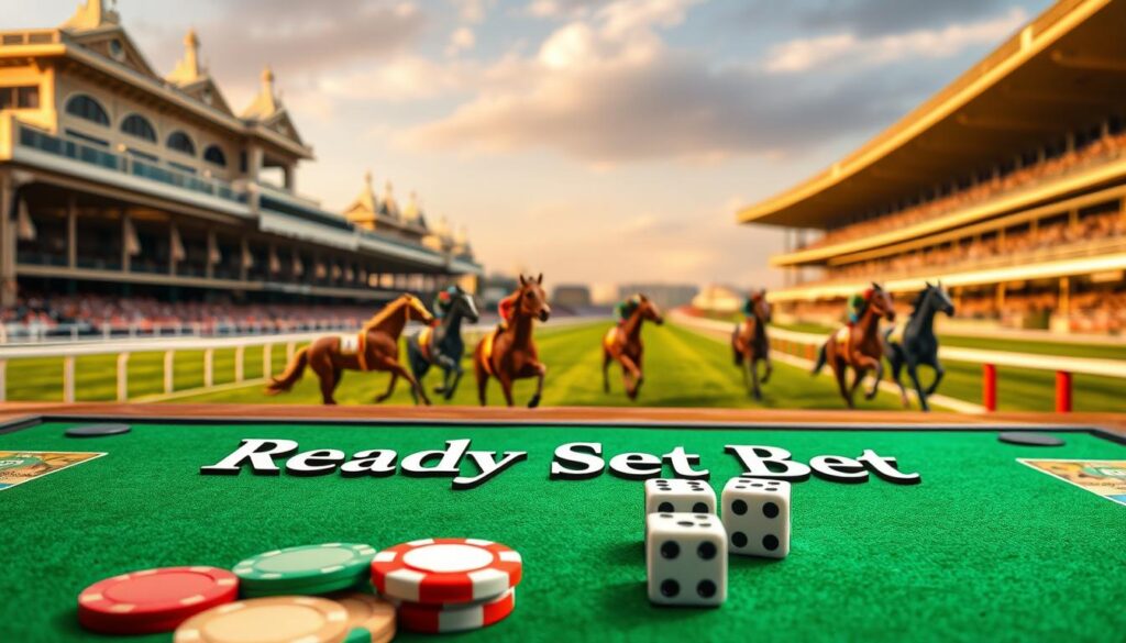 A highly detailed, photorealistic board game with the title "Ready Set Bet" prominently displayed on a vibrant green felt surface. In the foreground, a selection of colorful betting chips and a set of racing dice. The middle ground features a detailed horse racing track with beautifully rendered equine figures in various dynamic poses. The background showcases a grand, ornate racetrack grandstand with intricate architectural details, illuminated by warm, natural lighting. The overall scene conveys a sense of excitement and the thrill of fast-paced wagering. tomyhorse.com A highly detailed, photorealistic board game with the title "Ready Set Bet" prominently displayed on a vibrant green felt surface. In the foreground, a selection of colorful betting chips and a set of racing dice. The middle ground features a detailed horse racing track with beautifully rendered equine figures in various dynamic poses. The background showcases a grand, ornate racetrack grandstand with intricate architectural details, illuminated by warm, natural lighting. The overall scene conveys a sense of excitement and the thrill of fast-paced wagering. tomyhorse.com