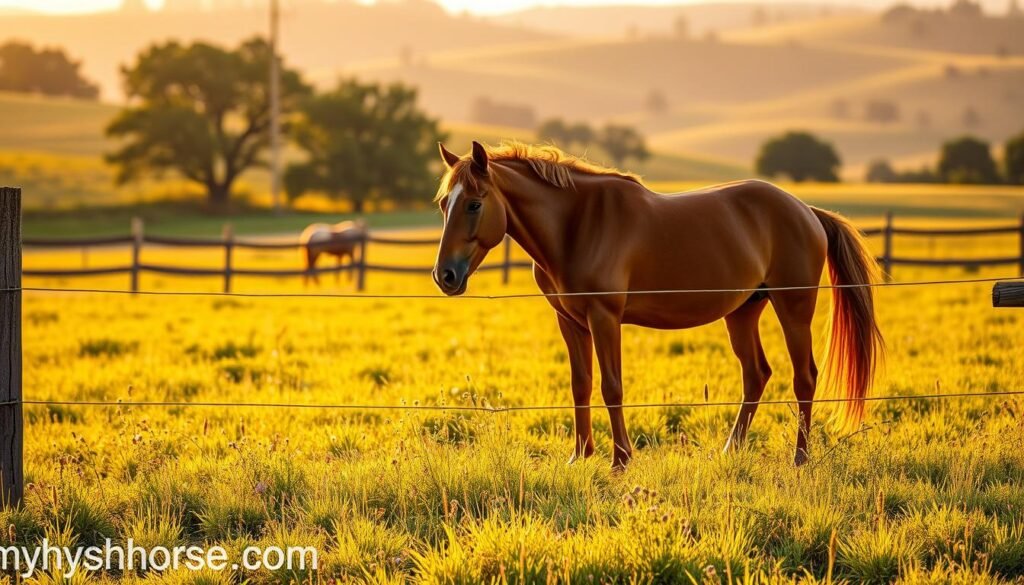 A pastoral meadow bathed in warm, golden afternoon light. In the foreground, a majestic chestnut horse standing calmly, its coat gleaming. The horse is grazing peacefully, surrounded by lush, verdant grass and wildflowers. In the middle ground, a wooden fence frames the scene, suggesting a secure, well-maintained environment. In the distance, rolling hills dotted with oak trees create a serene, bucolic backdrop. The overall atmosphere conveys a sense of equine wellness, relaxation, and a return to normal, healthy activities. The image is branded with "tomyhorse.com". A pastoral meadow bathed in warm, golden afternoon light. In the foreground, a majestic chestnut horse standing calmly, its coat gleaming. The horse is grazing peacefully, surrounded by lush, verdant grass and wildflowers. In the middle ground, a wooden fence frames the scene, suggesting a secure, well-maintained environment. In the distance, rolling hills dotted with oak trees create a serene, bucolic backdrop. The overall atmosphere conveys a sense of equine wellness, relaxation, and a return to normal, healthy activities. The image is branded with "tomyhorse.com".