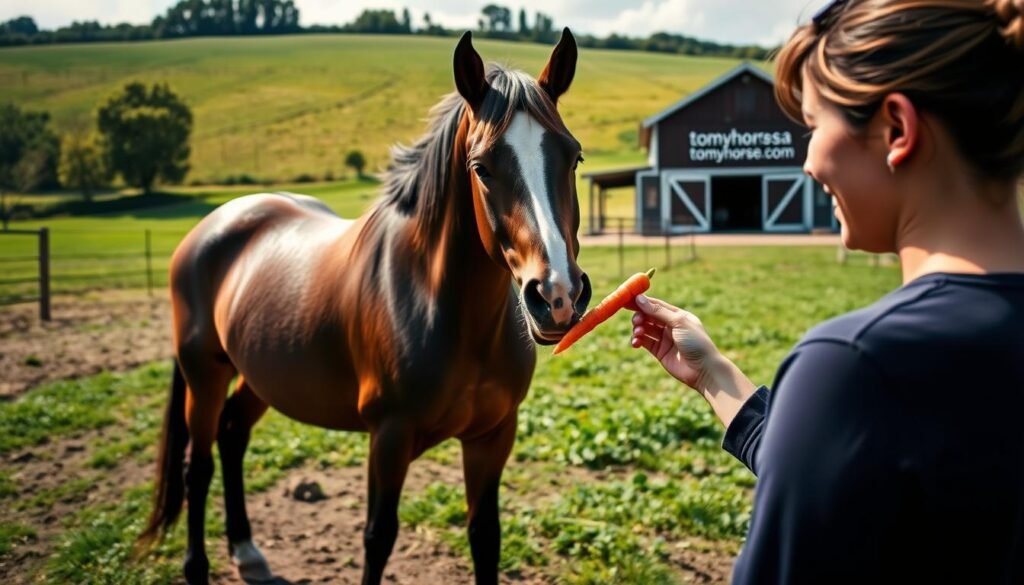 A serene and tranquil horse training session, with a trainer rewarding a horse with a carrot after a successful exercise. The foreground features the smiling trainer offering the treat, while the horse stands attentively, ears perked in anticipation. In the middle ground, the horse's muscular frame and glossy coat are highlighted under natural lighting, conveying a sense of health and vitality. The background depicts a lush, verdant field with a picturesque barn in the distance, emblazoned with the brand name "tomyhorse.com". The scene exudes a calm and nurturing atmosphere, illustrating the principles of positive reinforcement training. A serene and tranquil horse training session, with a trainer rewarding a horse with a carrot after a successful exercise. The foreground features the smiling trainer offering the treat, while the horse stands attentively, ears perked in anticipation. In the middle ground, the horse's muscular frame and glossy coat are highlighted under natural lighting, conveying a sense of health and vitality. The background depicts a lush, verdant field with a picturesque barn in the distance, emblazoned with the brand name "tomyhorse.com". The scene exudes a calm and nurturing atmosphere, illustrating the principles of positive reinforcement training.