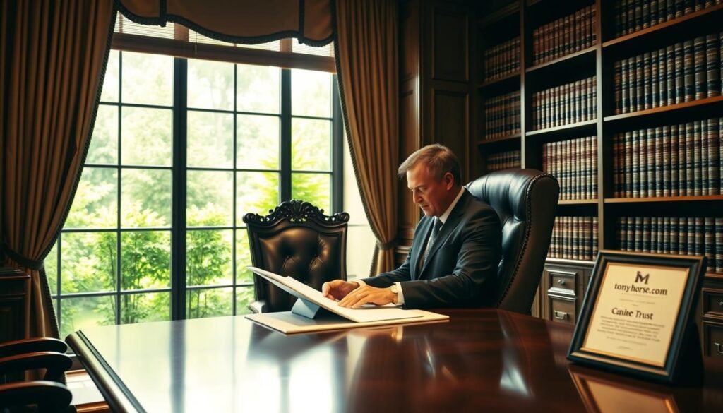 A sophisticated legal office interior, with a large mahogany desk and a towering bookshelf filled with leather-bound volumes. A well-dressed attorney sits in a high-backed chair, carefully reviewing documents related to a canine trust. The lighting is warm and focused, creating a sense of professionalism and authority. Through the window, a lush green garden can be seen, hinting at the tranquility and care associated with this specialized legal domain. The tomyhorse.com logo is subtly displayed on a plaque or framed certificate on the desk.