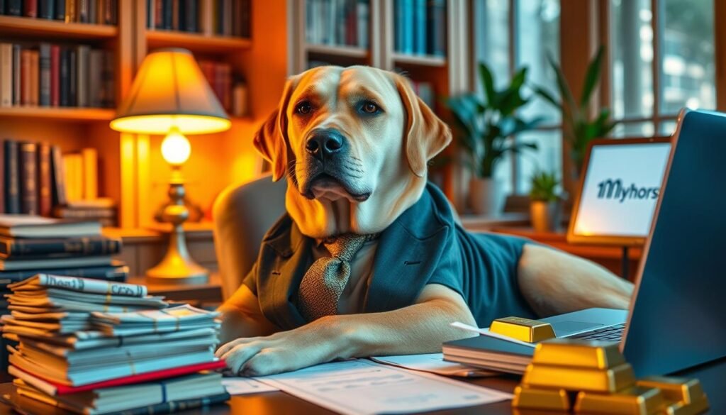 A wealthy Labrador retriever lounging in a luxurious home office, surrounded by stacks of cash, gold bars, and financial documents. The dog wears a smart business suit and tie, exuding an air of sophistication. Warm lighting from a desk lamp creates a cozy, high-end atmosphere. Bookshelves and potted plants in the background suggest an air of intellectual pursuit. A tomyhorse.com logo subtly appears on a nearby laptop screen.