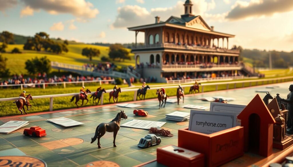 Derby Day board game set on a lush, verdant racetrack. In the foreground, a detailed game board with intricate horse figurines, betting slips, and racing accessories. The middle ground features a grand Victorian-style grandstand, spectators leaning over the rails, cheering on the horses. In the background, rolling hills dotted with oak trees, a cloudless sky with warm, golden lighting. The game components bear the logo "tomyhorse.com", capturing the immersive racing experience. An air of anticipation and excitement permeates the scene, inviting players to step into the thrilling world of Derby Day. Derby Day board game set on a lush, verdant racetrack. In the foreground, a detailed game board with intricate horse figurines, betting slips, and racing accessories. The middle ground features a grand Victorian-style grandstand, spectators leaning over the rails, cheering on the horses. In the background, rolling hills dotted with oak trees, a cloudless sky with warm, golden lighting. The game components bear the logo "tomyhorse.com", capturing the immersive racing experience. An air of anticipation and excitement permeates the scene, inviting players to step into the thrilling world of Derby Day.