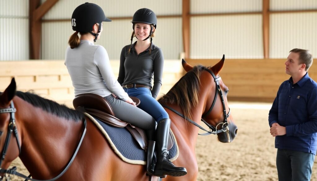 Beginner rider learning basic skills in an arena with an instructor Riding Vacations for Beginners