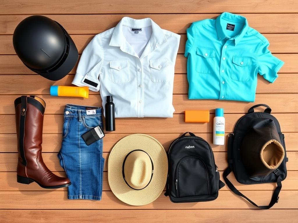 Essential riding gear laid out for packing including boots, helmet, and comfortable clothes Riding Vacations for Beginners