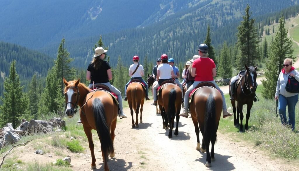 Group of beginner riders following a guide on a trail with proper spacing