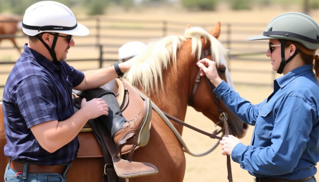 Guide demonstrating proper mounting technique to a beginner rider
